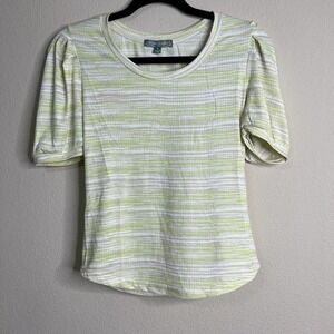 Good Luck Gem Striped Puff Sleeve Top Ribbed Knit Tee Chartreuse White‎ M